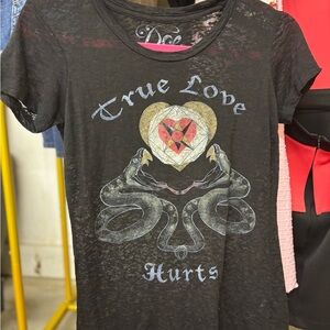 Black Graphic Tee with Snake Design “true love hurts” sheer ish